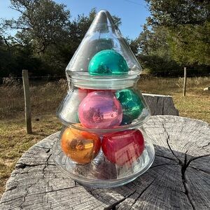 Glass Christmas Tree Jar with Colorful Glass Vintage Ornaments